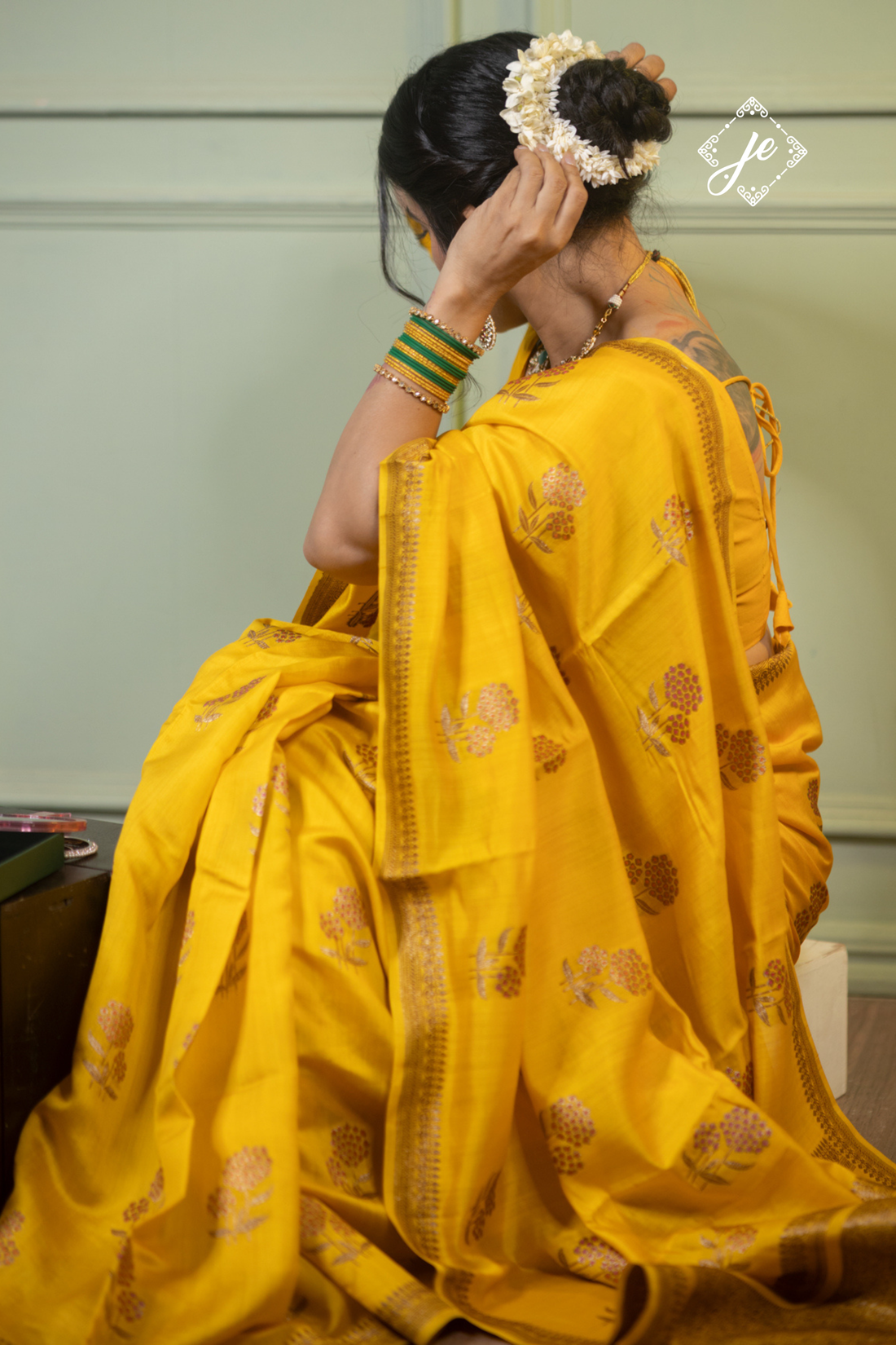 Yellow Pure Chiniya Silk Floral Meenakari Banarasi Saree