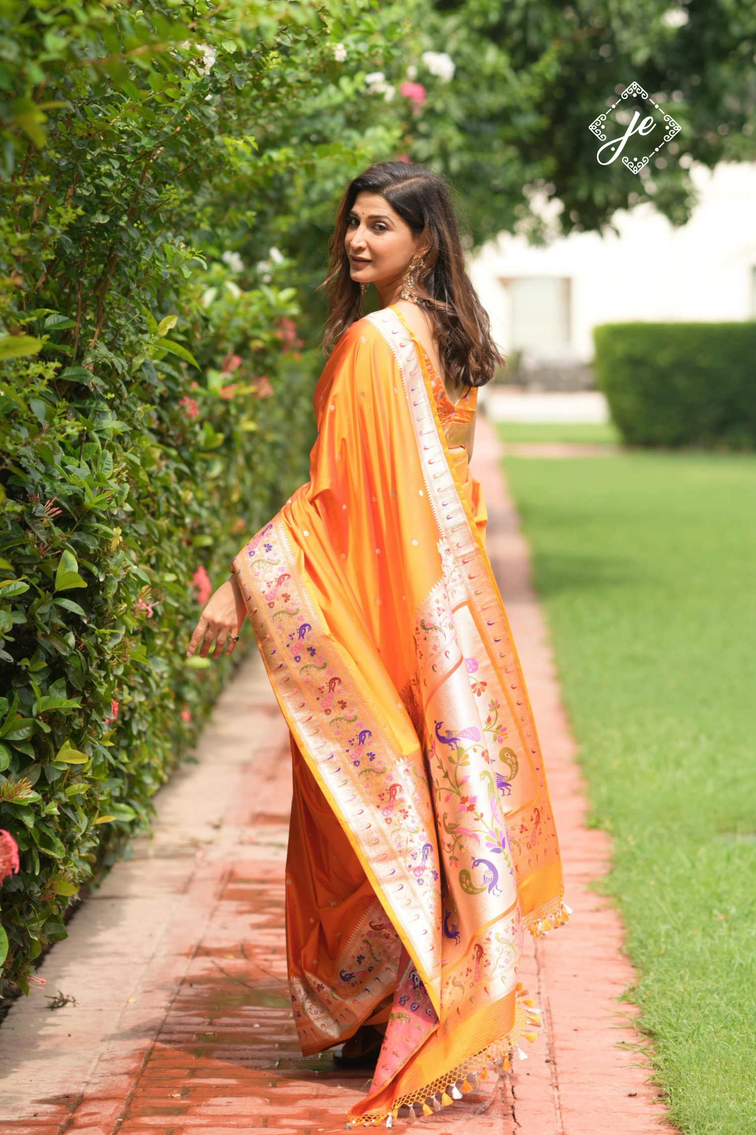 Orange Satin Silk Paithani Banarasi Saree