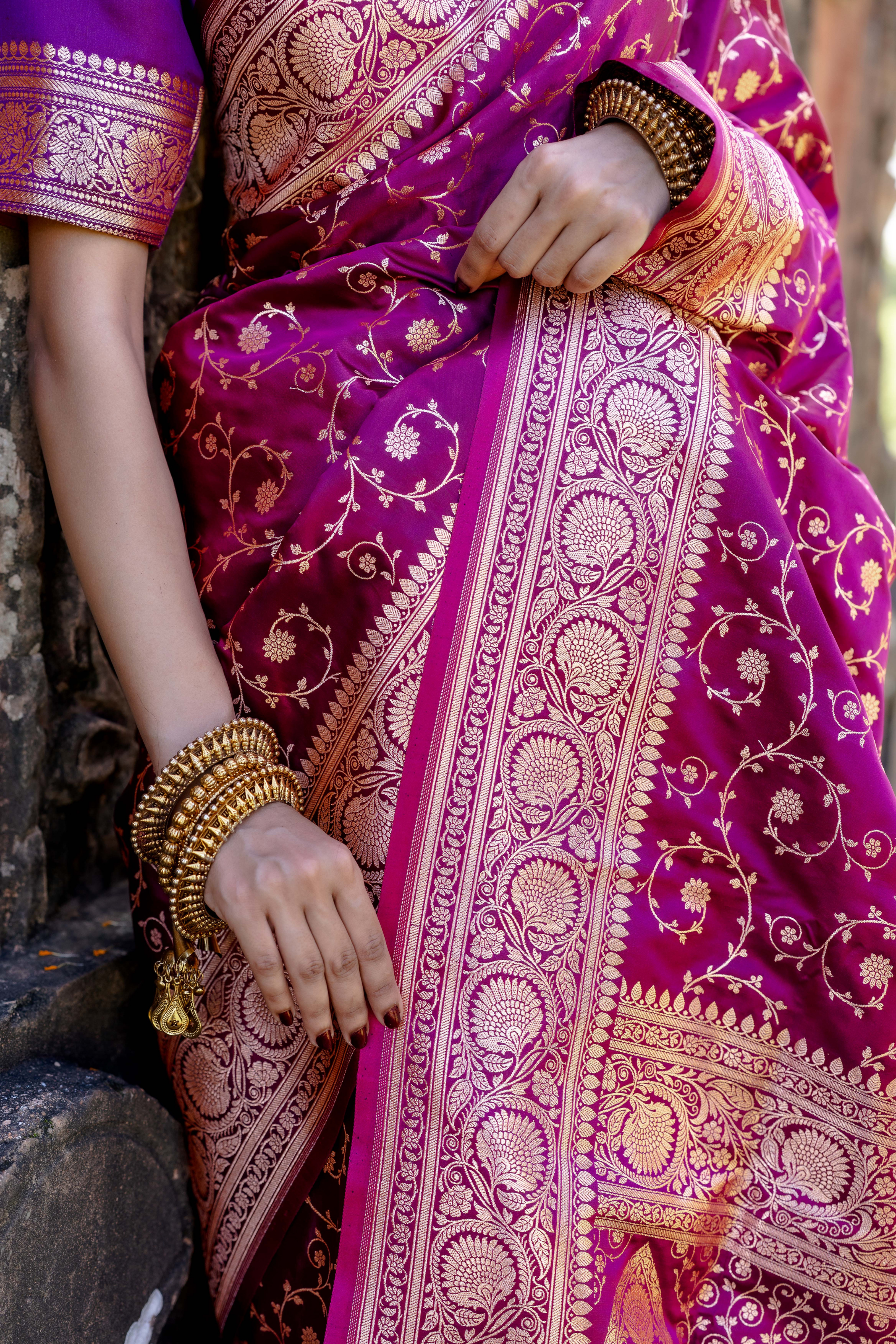 Purple Satin Silk Jaal Banarasi Saree
