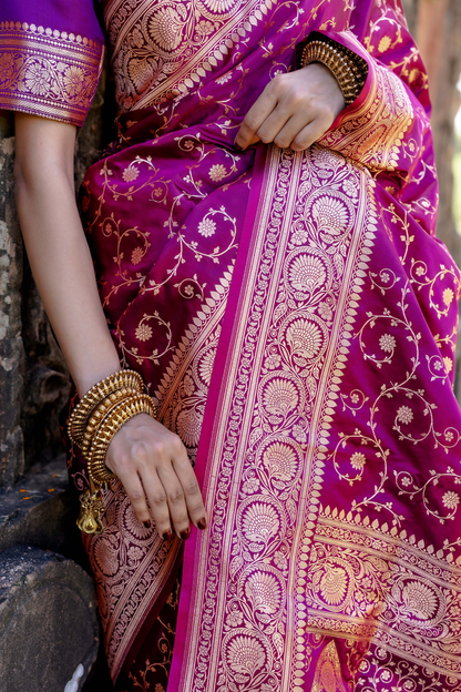 Purple Satin Silk Jaal Banarasi Saree