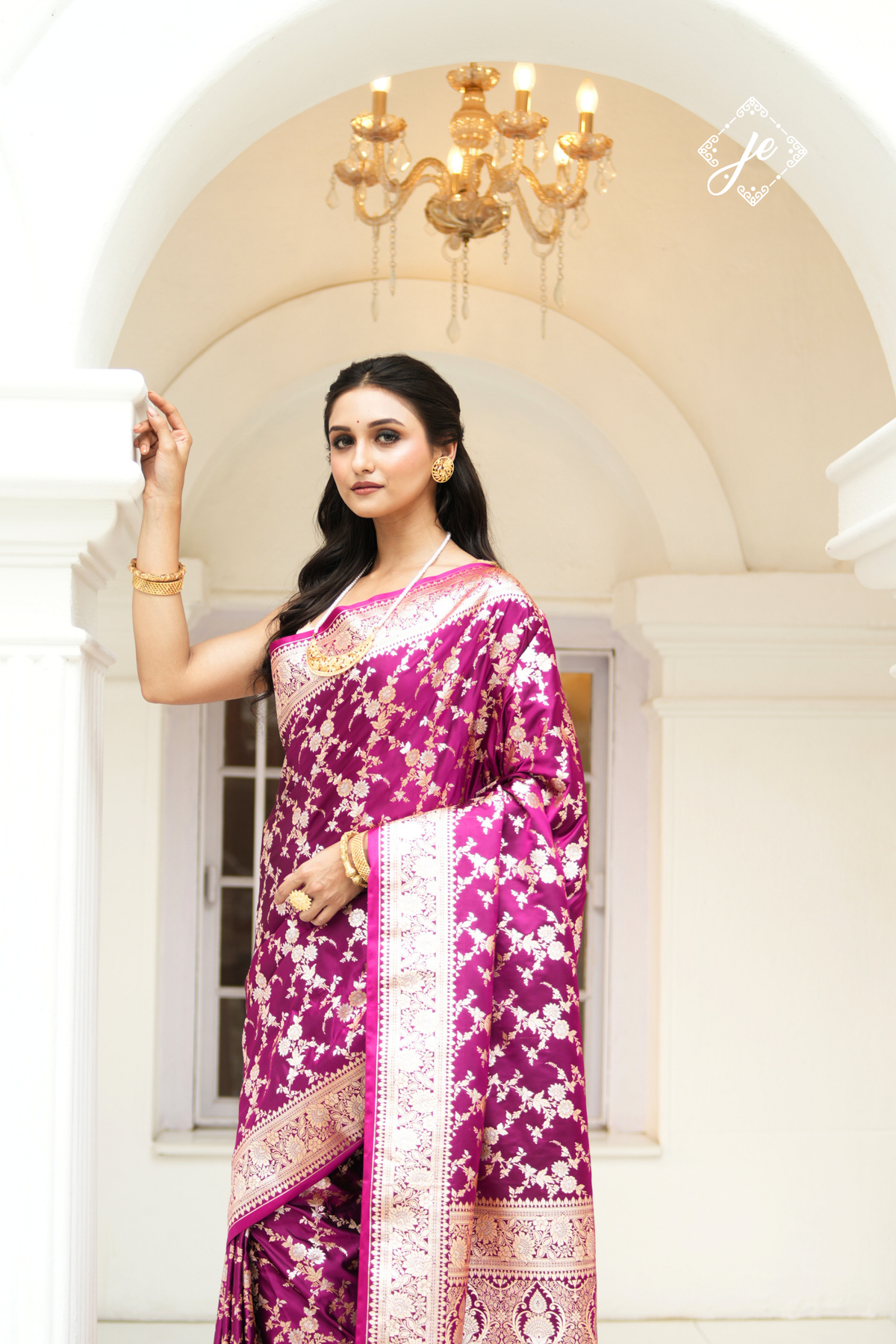 Purple Satin Silk Jaal Banarasi Saree