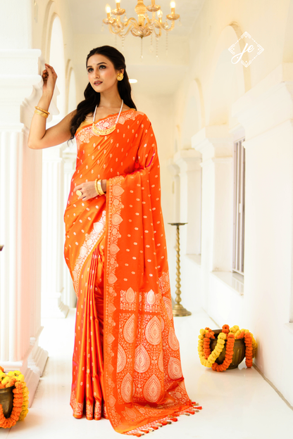 Sunset Orange Satin Silk Buti Banarasi Saree