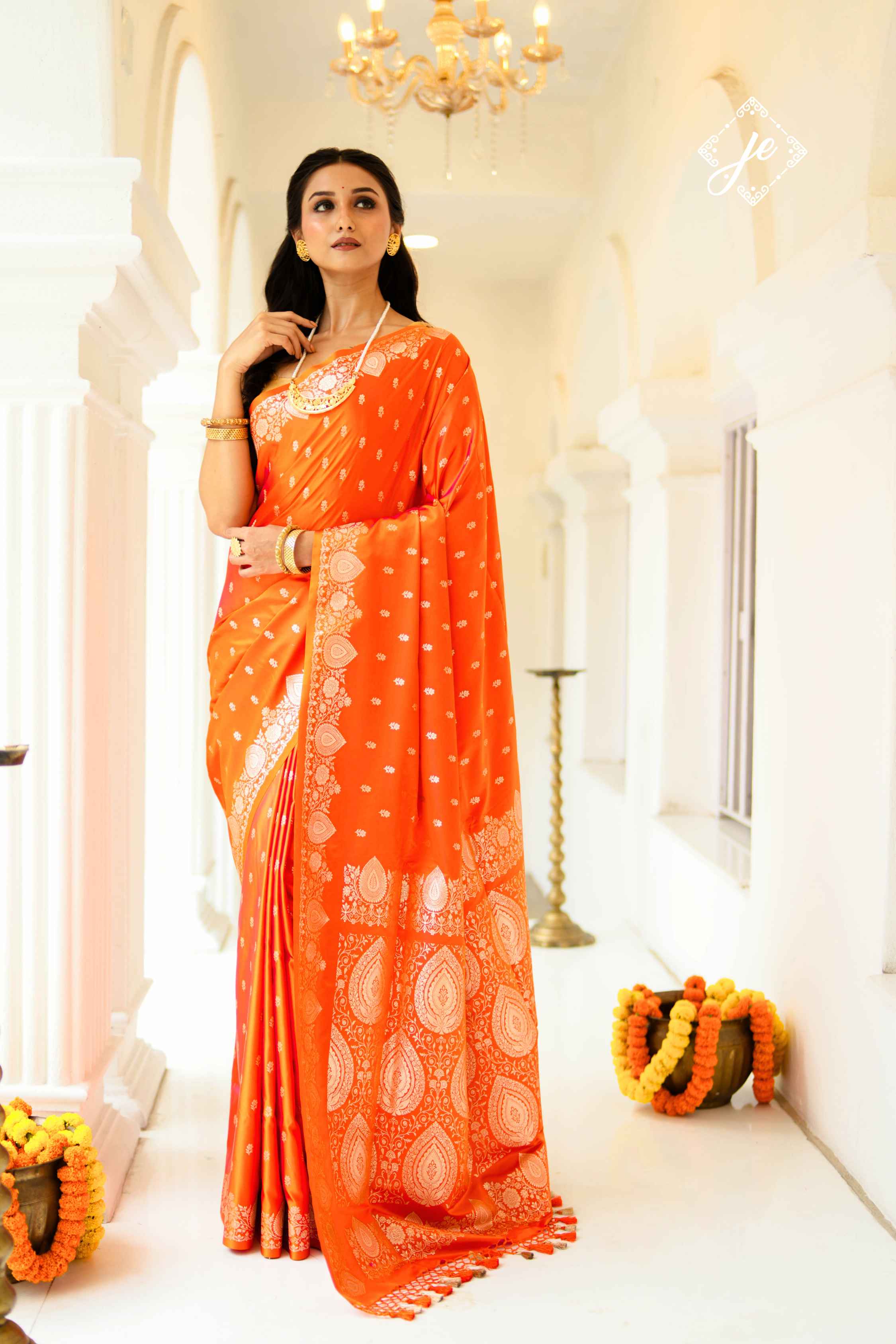 Sunset Orange Satin Silk Buti Banarasi Saree