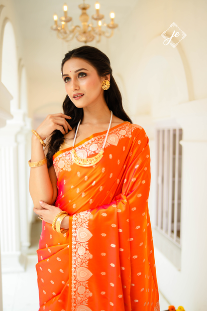 Sunset Orange Satin Silk Buti Banarasi Saree