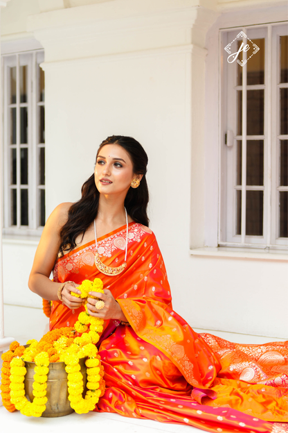 Sunset Orange Satin Silk Buti Banarasi Saree
