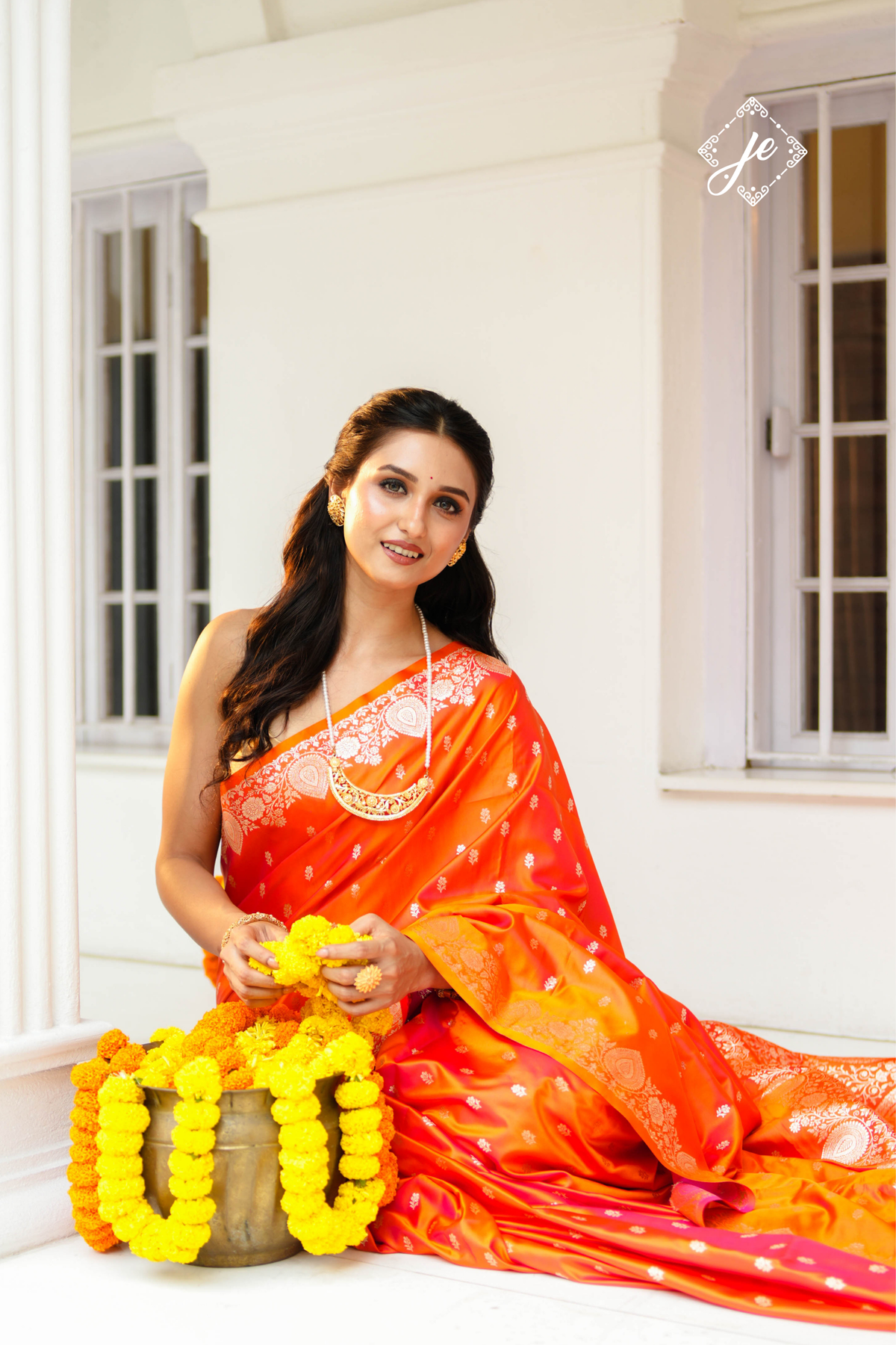 Sunset Orange Satin Silk Buti Banarasi Saree