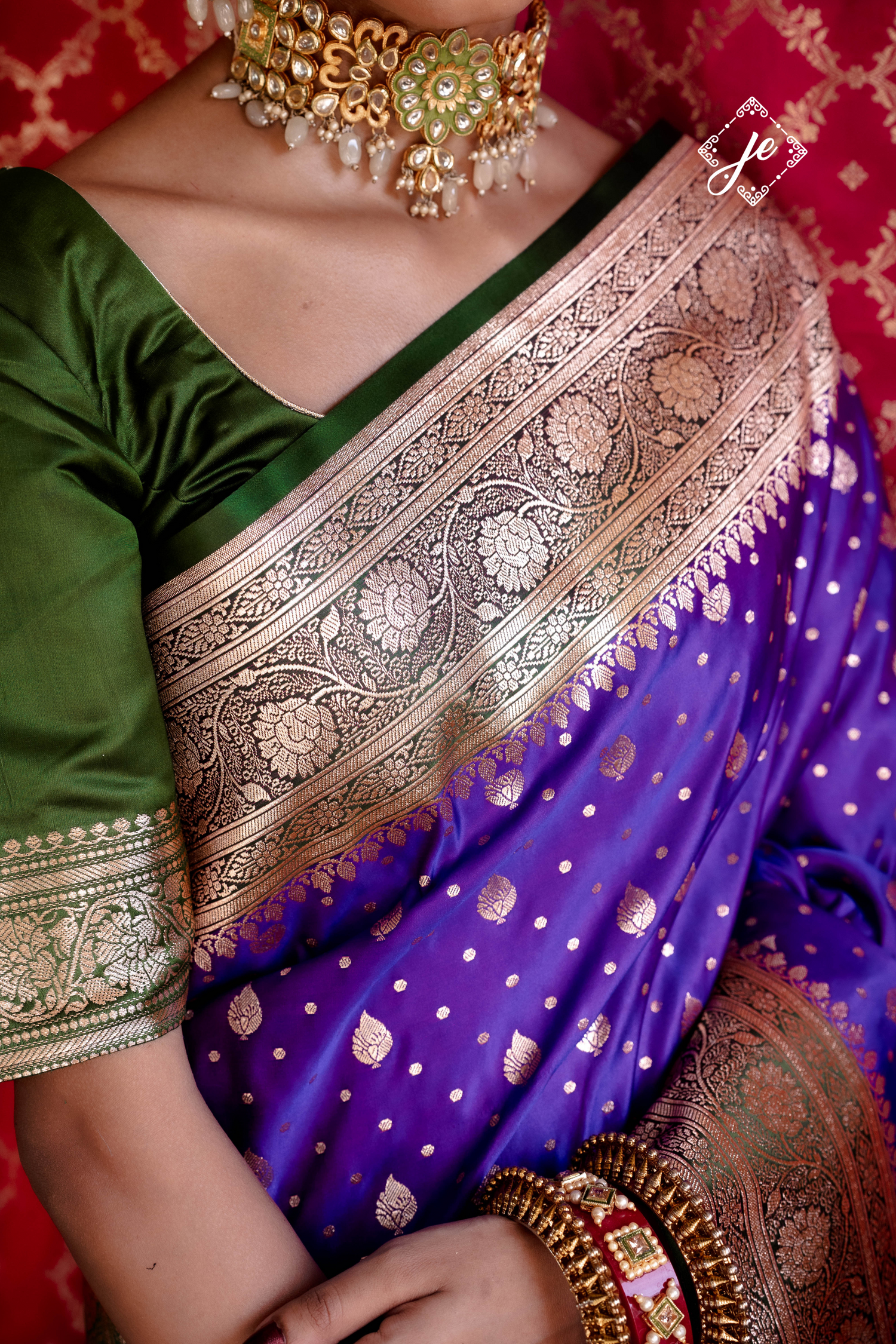 Purple Satin Silk with Bottle Green Border Banarasi Saree