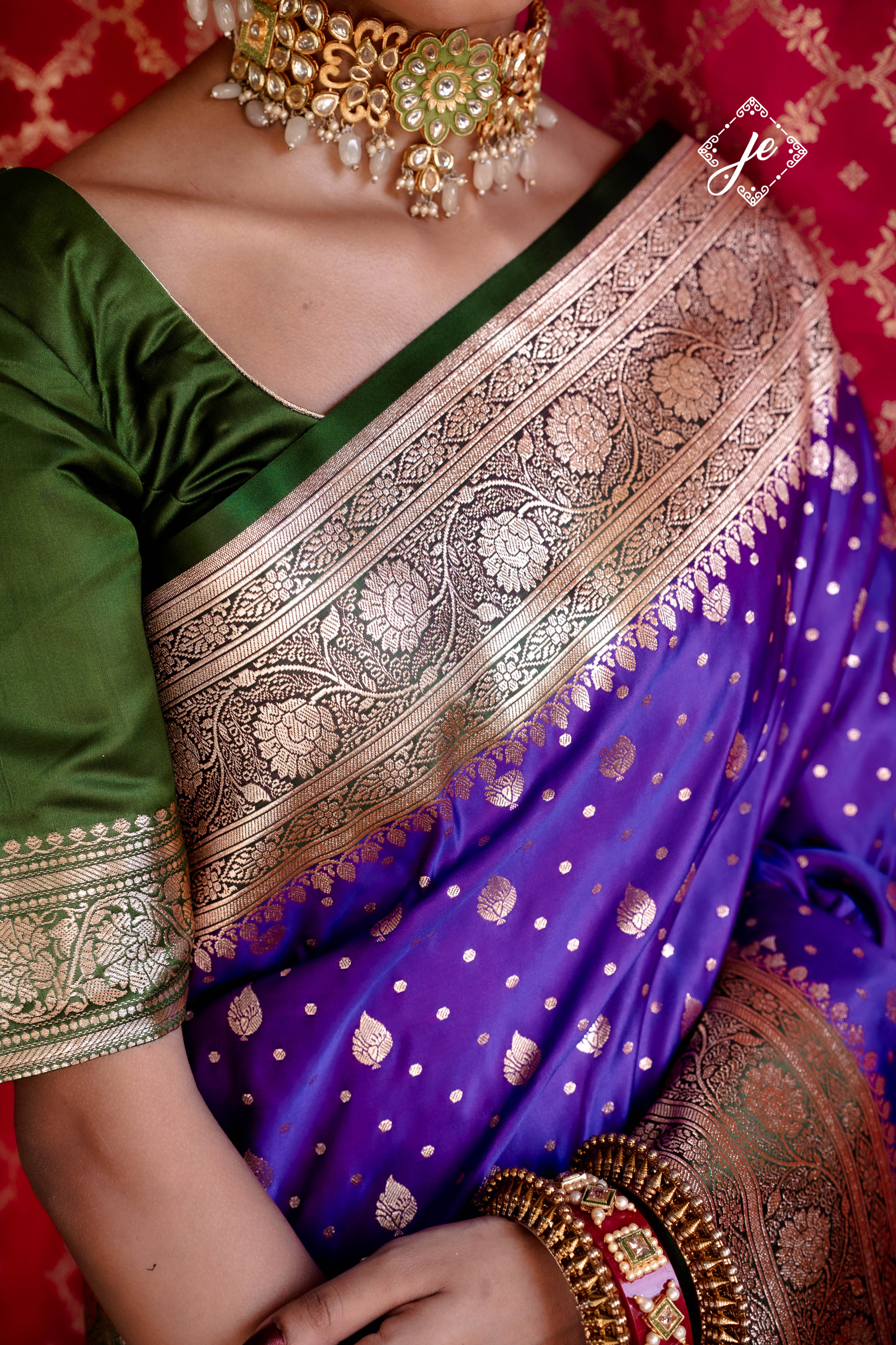 Purple Satin Silk with Bottle Green Border Banarasi Saree