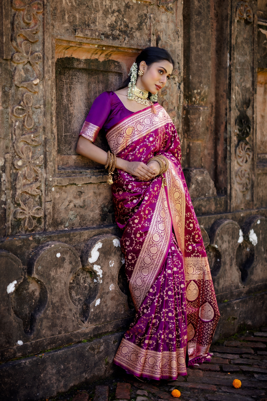 Purple Satin Silk Jaal Banarasi Saree