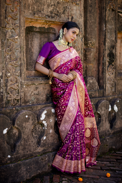 Purple Satin Silk Jaal Banarasi Saree