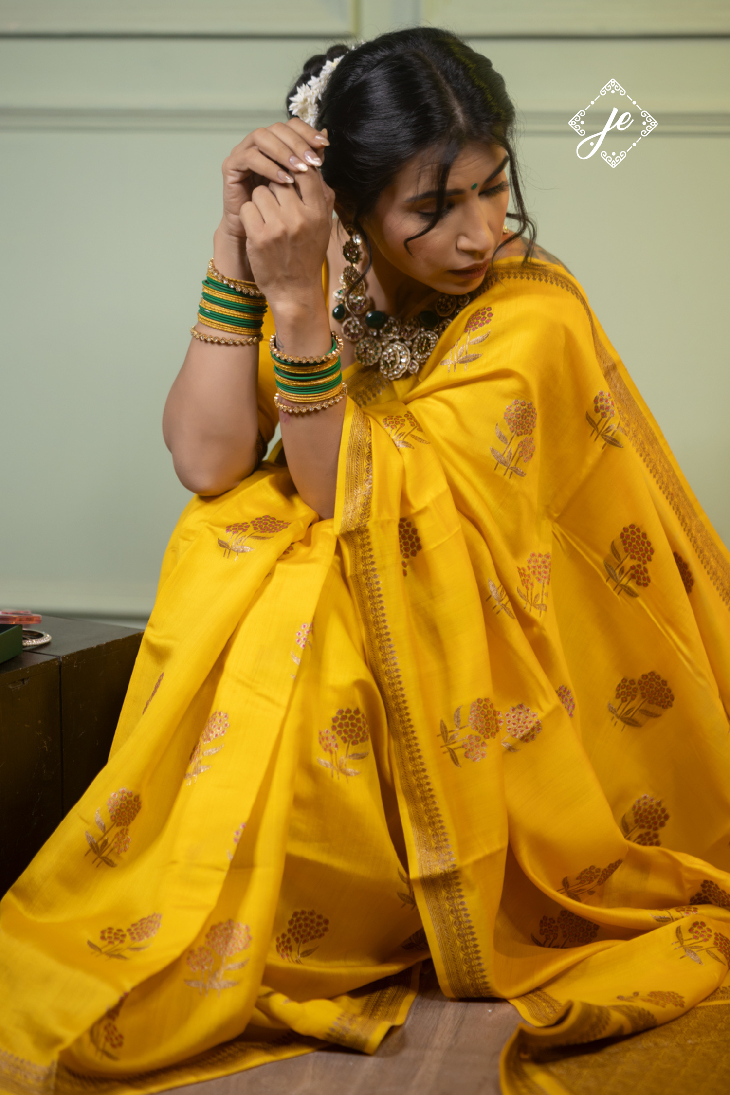 Yellow Pure Chiniya Silk Floral Meenakari Banarasi Saree