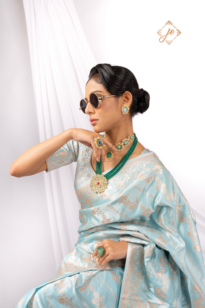 Ice Blue Scallop Style Border Satin Silk Leheriya Banarasi Saree