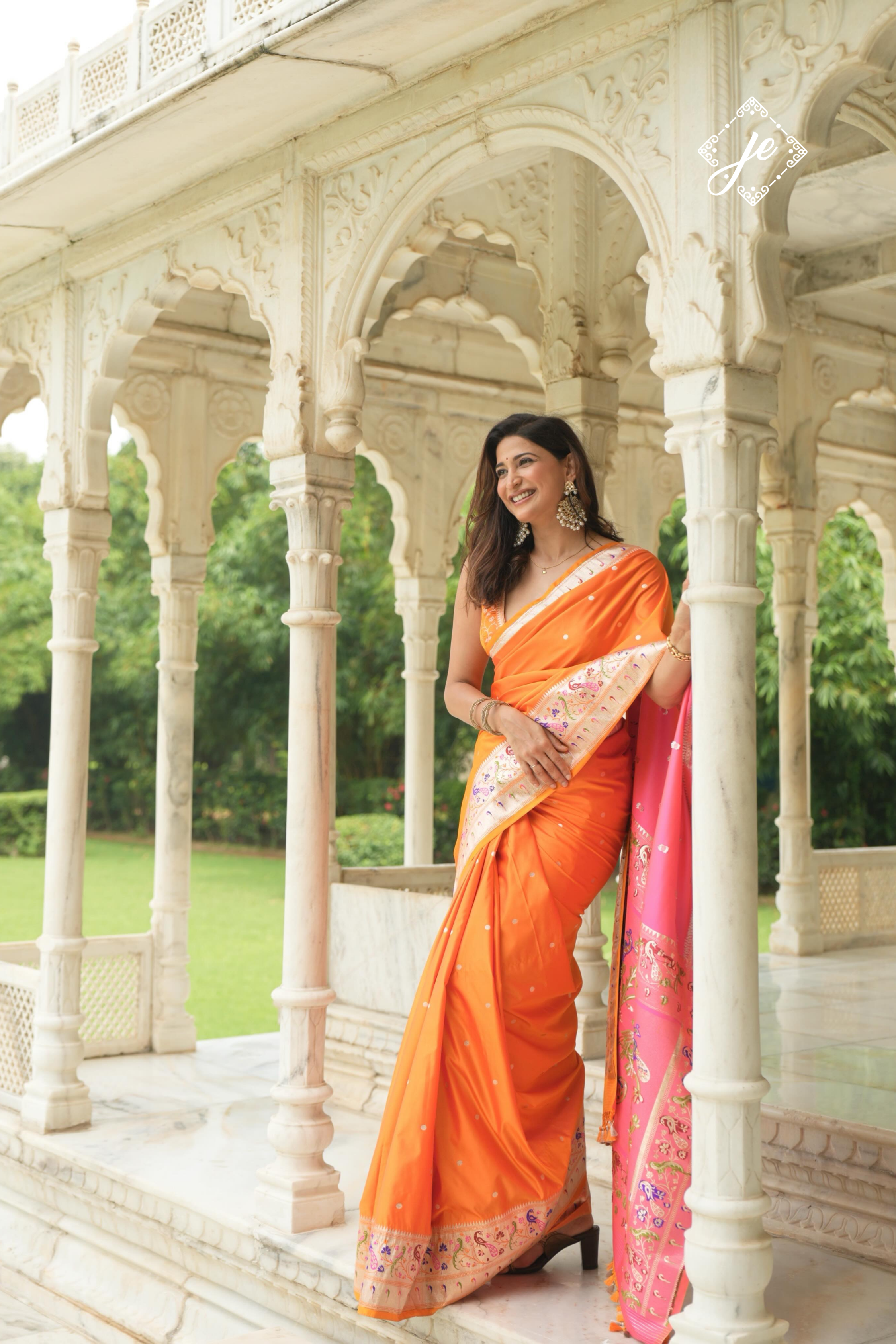 Orange Satin Silk Paithani Banarasi Saree