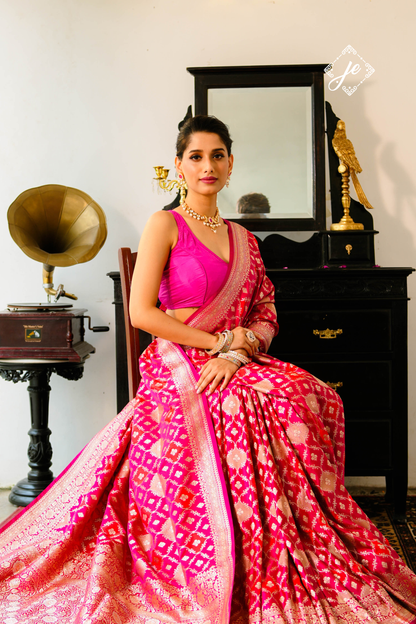 Pink Satin Silk Rangkaat  Banarasi Saree