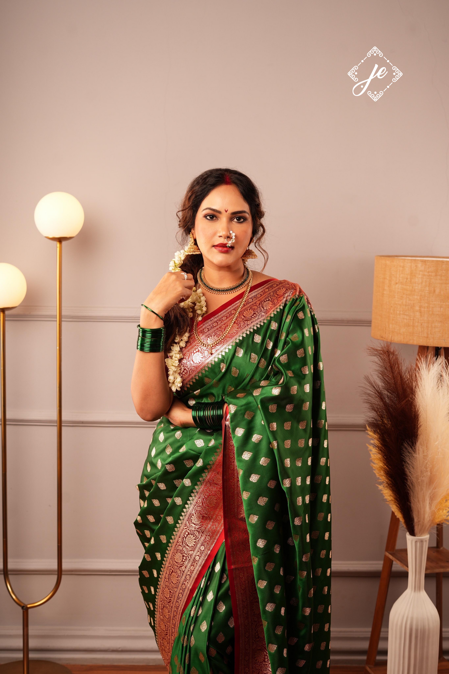 Bottle Green Satin Silk with Contrast Red Border Banarasi Saree