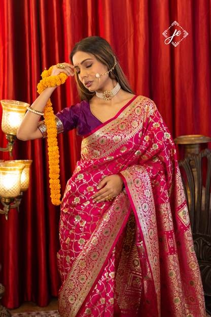 Rani Pink Satin Silk Meenakari Jaal Banarasi Saree