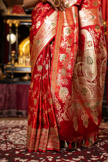 Red Satin Silk Meenakari Jaal Banarasi Saree