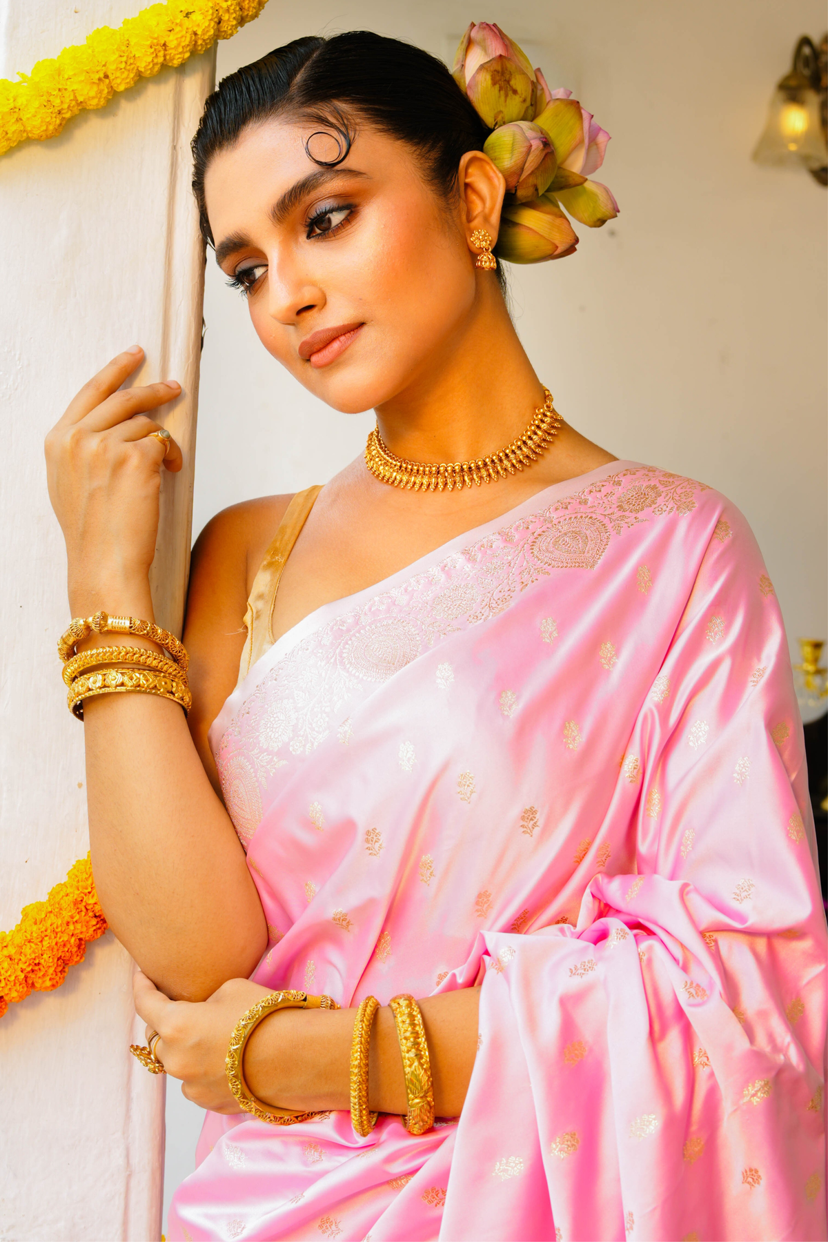 Pastel Pink Satin Silk Banarasi Saree