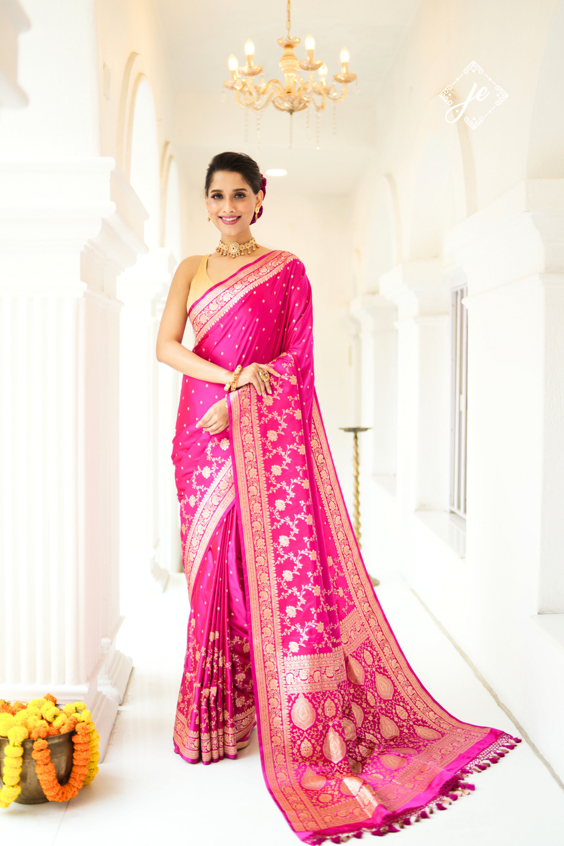 Rani Pink Satin Silk Jaal Banarasi Saree