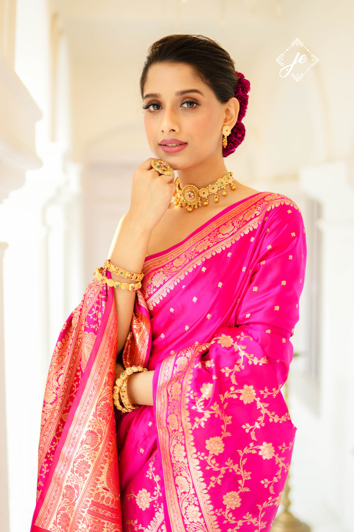 Rani Pink Satin Silk Jaal Banarasi Saree