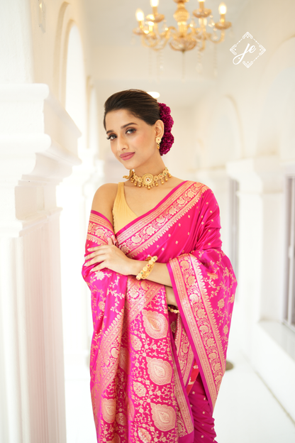 Rani Pink Satin Silk Jaal Banarasi Saree