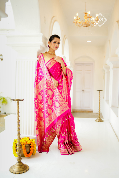 Rani Pink Satin Silk Jaal Banarasi Saree