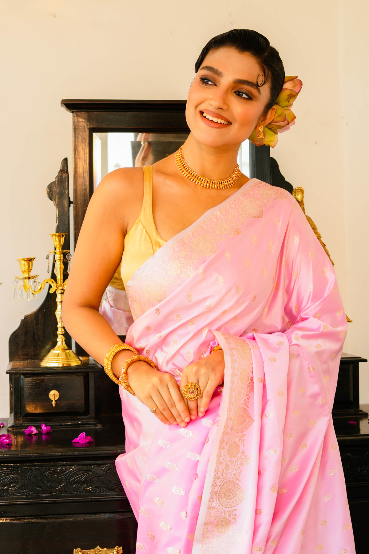 Pastel Pink Satin Silk Banarasi Saree