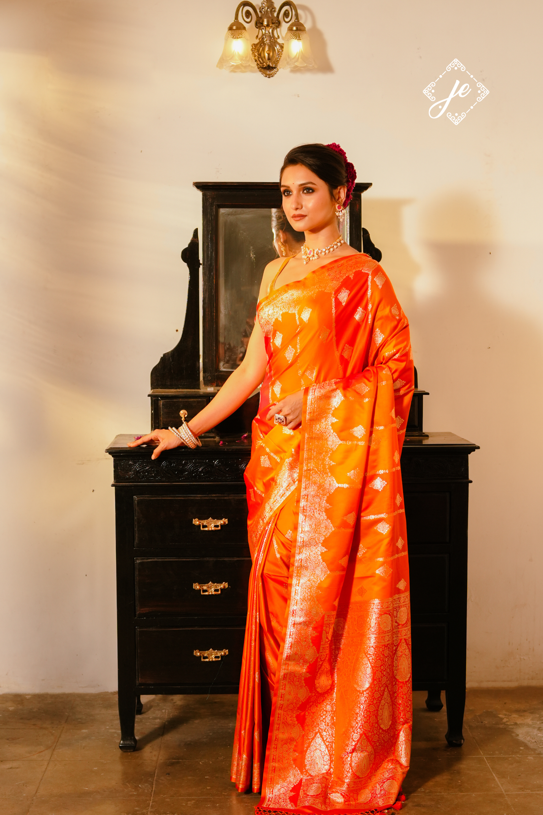 Orange Satin Silk Rangkaat Banarasi Saree