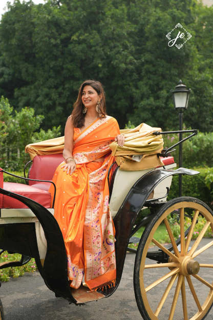 Orange Satin Silk Paithani Banarasi Saree