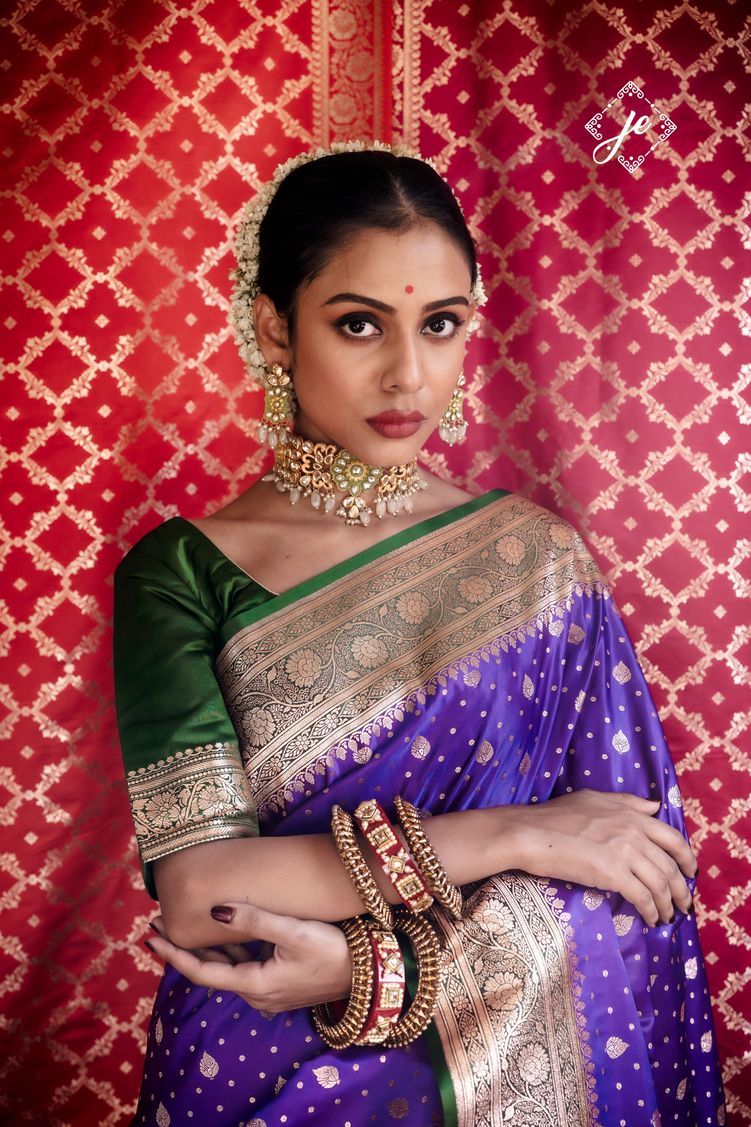Purple Satin Silk with Bottle Green Border Banarasi Saree