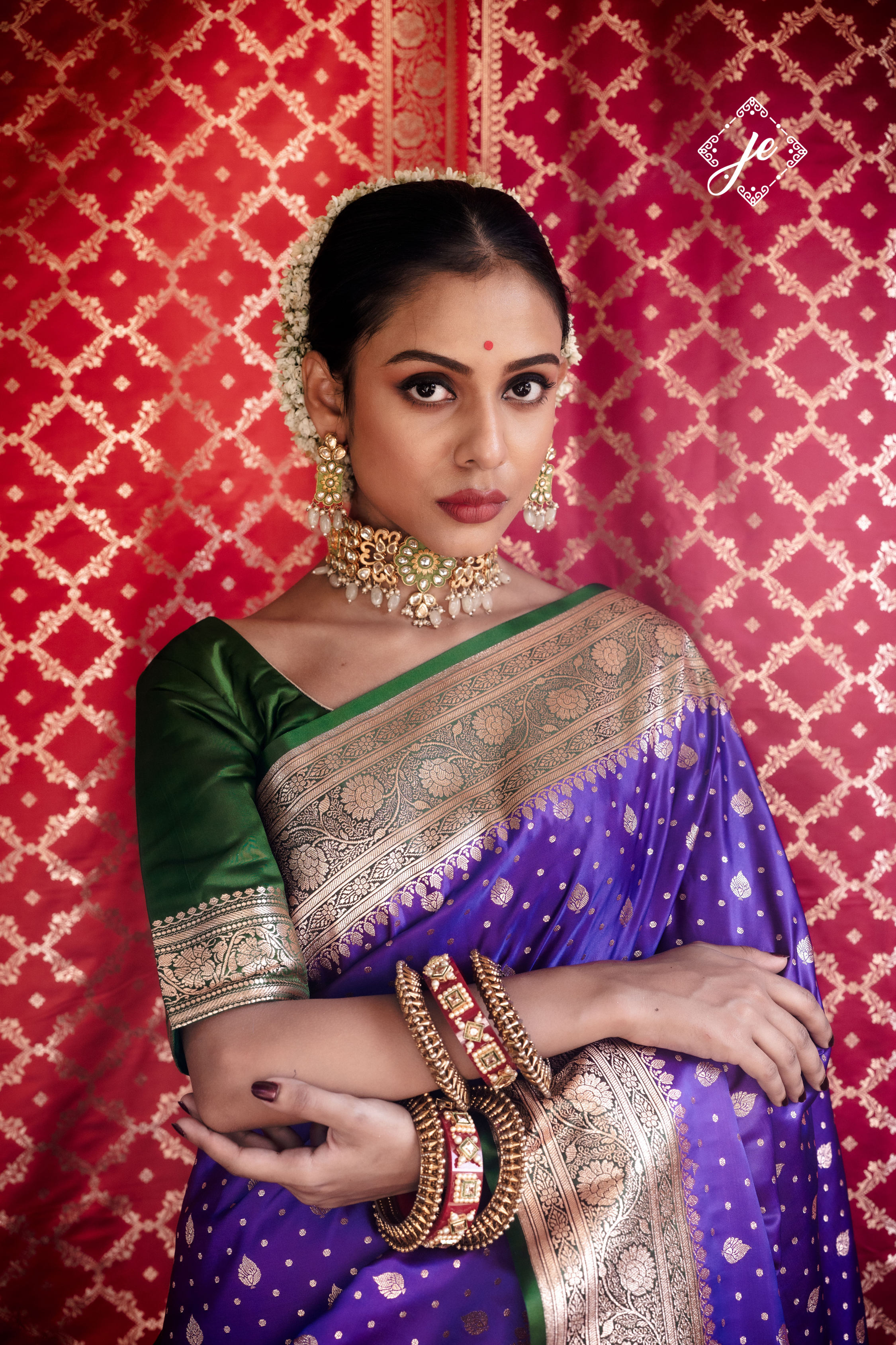 Purple Satin Silk with Bottle Green Border Banarasi Saree