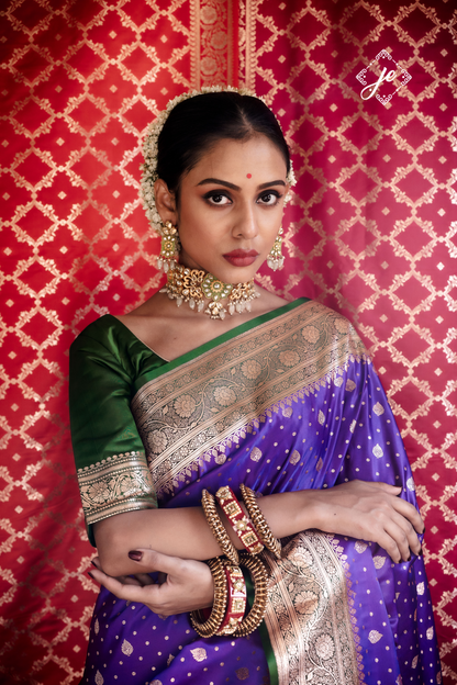 Purple Satin Silk with Bottle Green Border Banarasi Saree