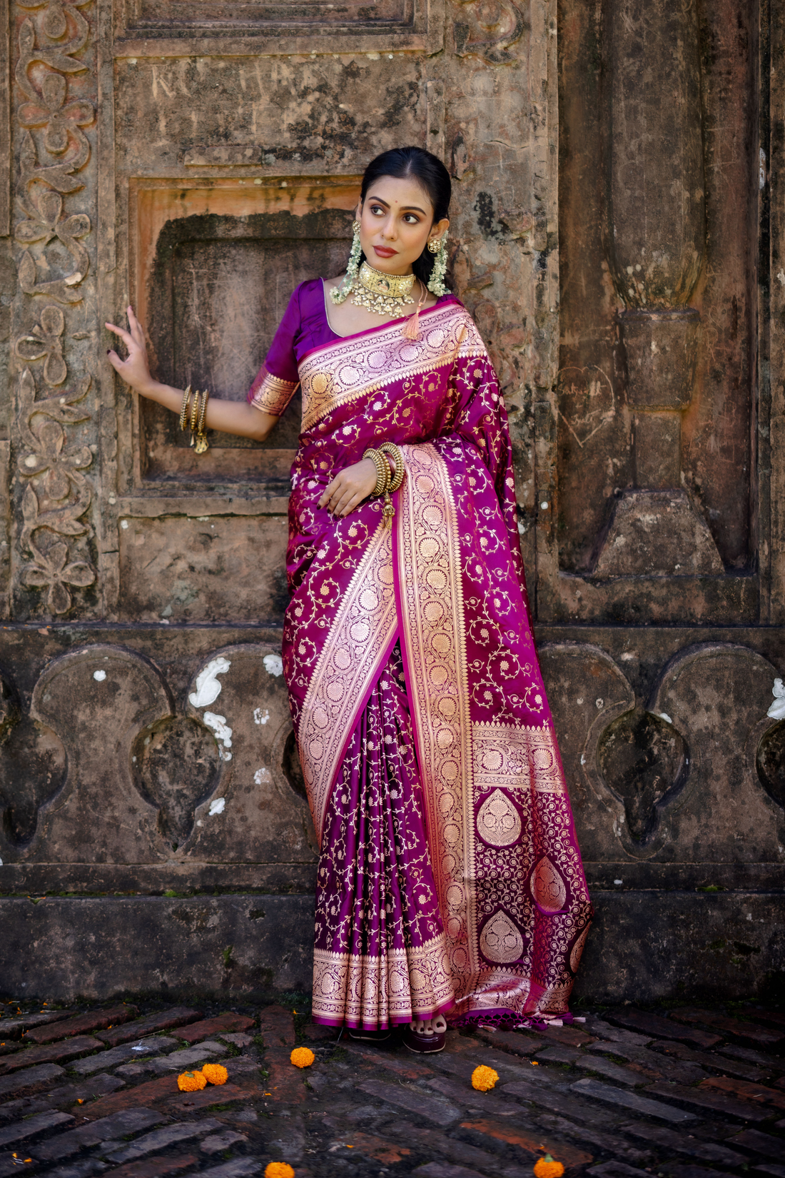 Purple Satin Silk Jaal Banarasi Saree