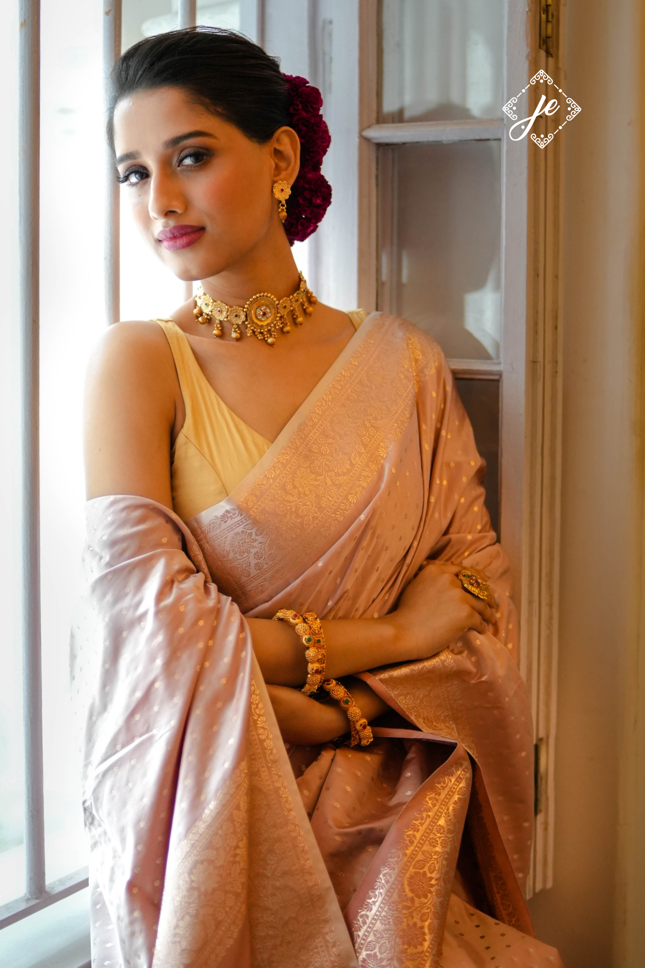 Champagne Satin Silk Buti Banarasi Saree