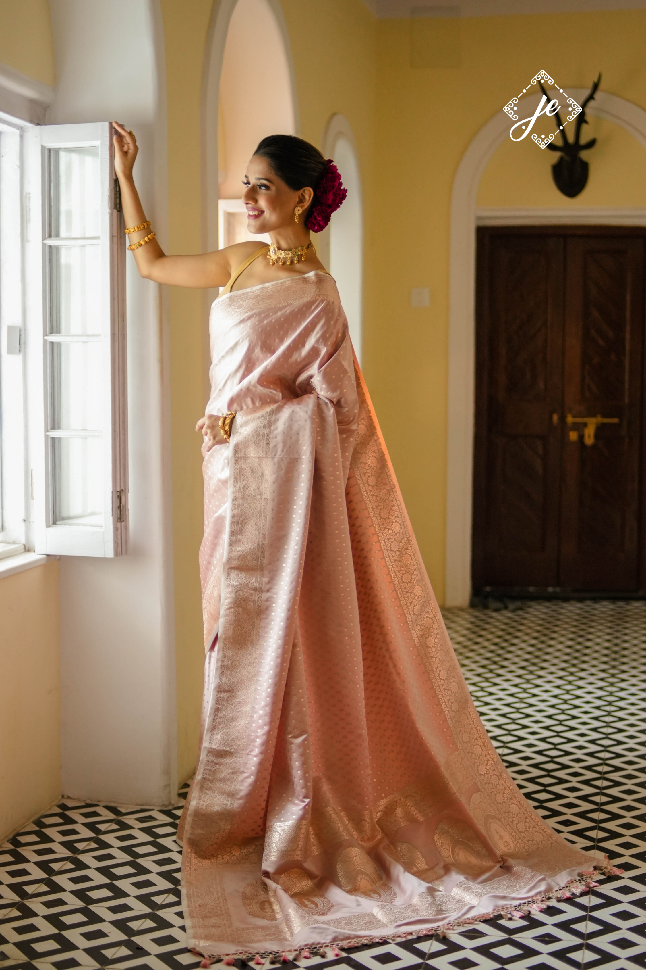 Champagne Satin Silk Buti Banarasi Saree