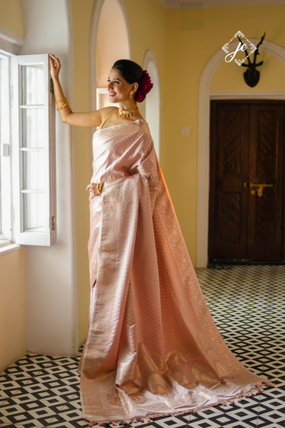 Champagne Satin Silk Buti Banarasi Saree