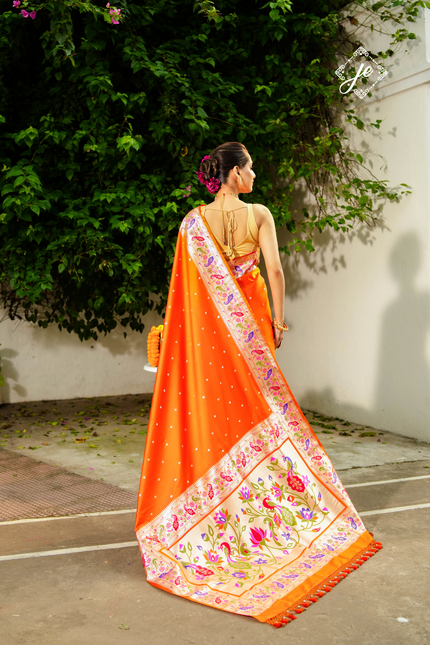 Orange Satin Silk Paithani Banarasi Saree