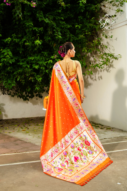 Orange Satin Silk Paithani Banarasi Saree