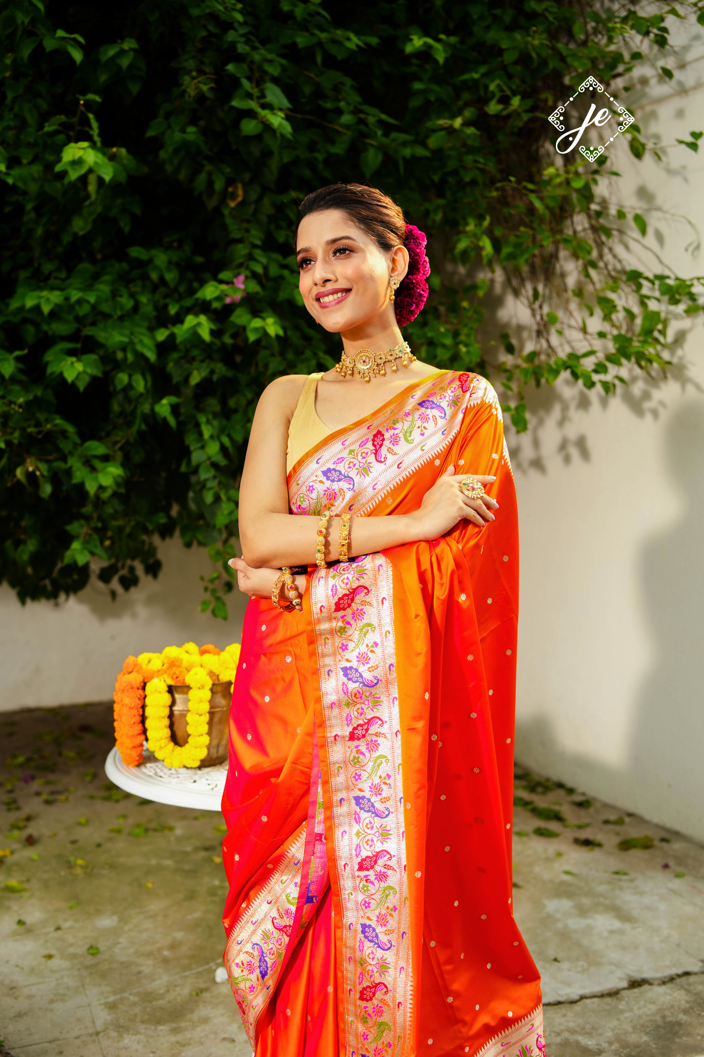 Orange Satin Silk Paithani Banarasi Saree