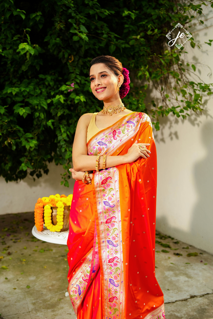 Orange Satin Silk Paithani Banarasi Saree