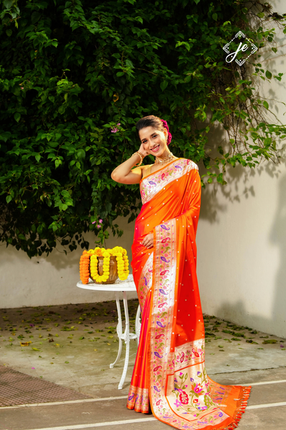 Orange Satin Silk Paithani Banarasi Saree