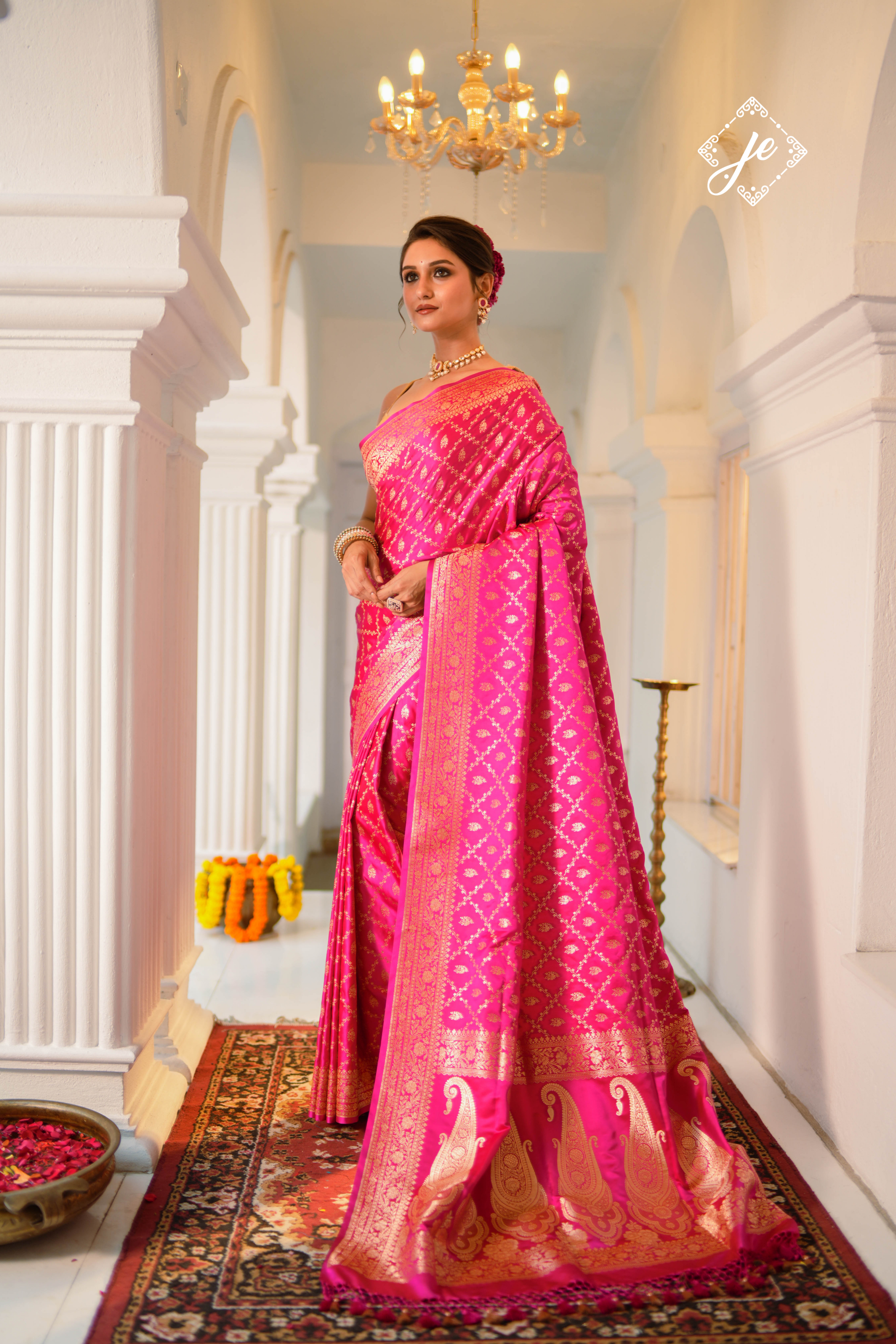 Pink Satin Silk Jaal Banarasi Saree