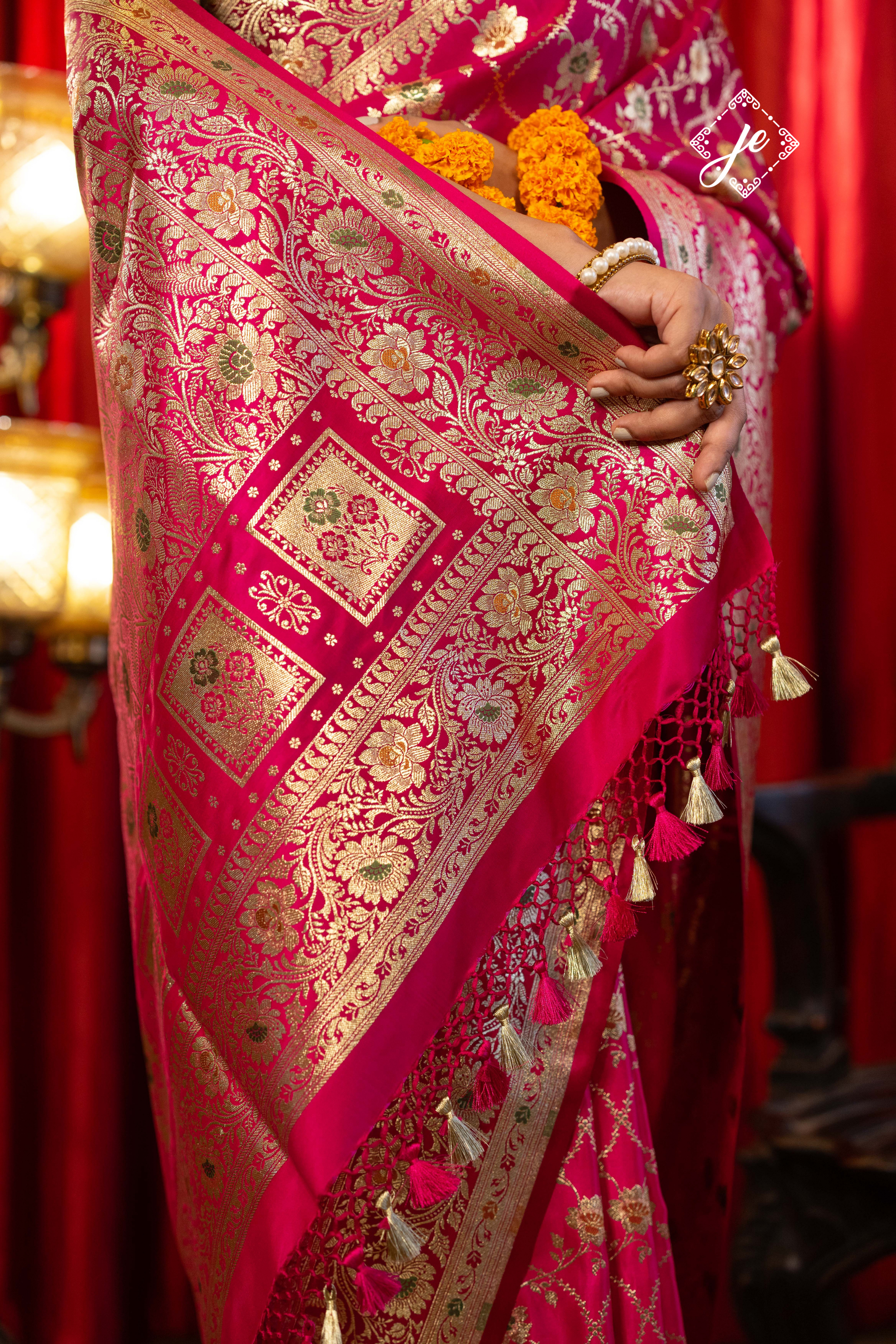 Rani Pink Satin Silk Meenakari Jaal Banarasi Saree