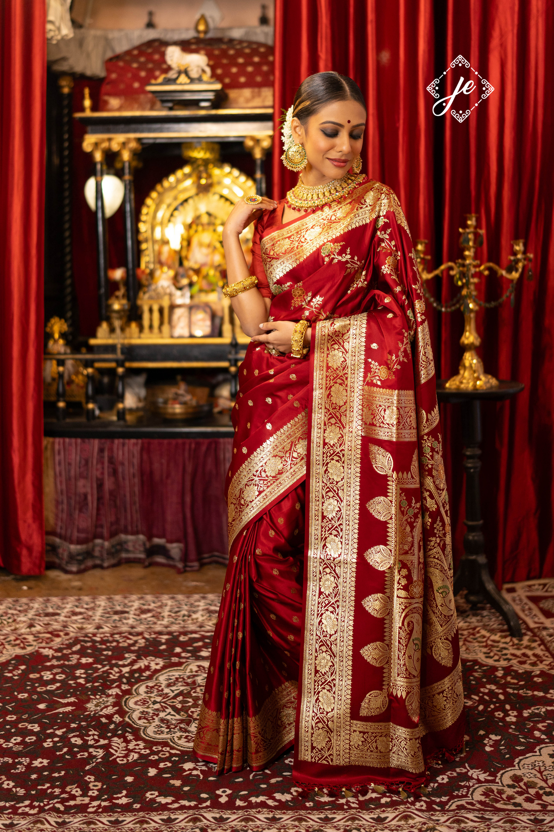 Rose Red Satin Silk Buti Leheriya Mix Meenakari Banarasi Saree