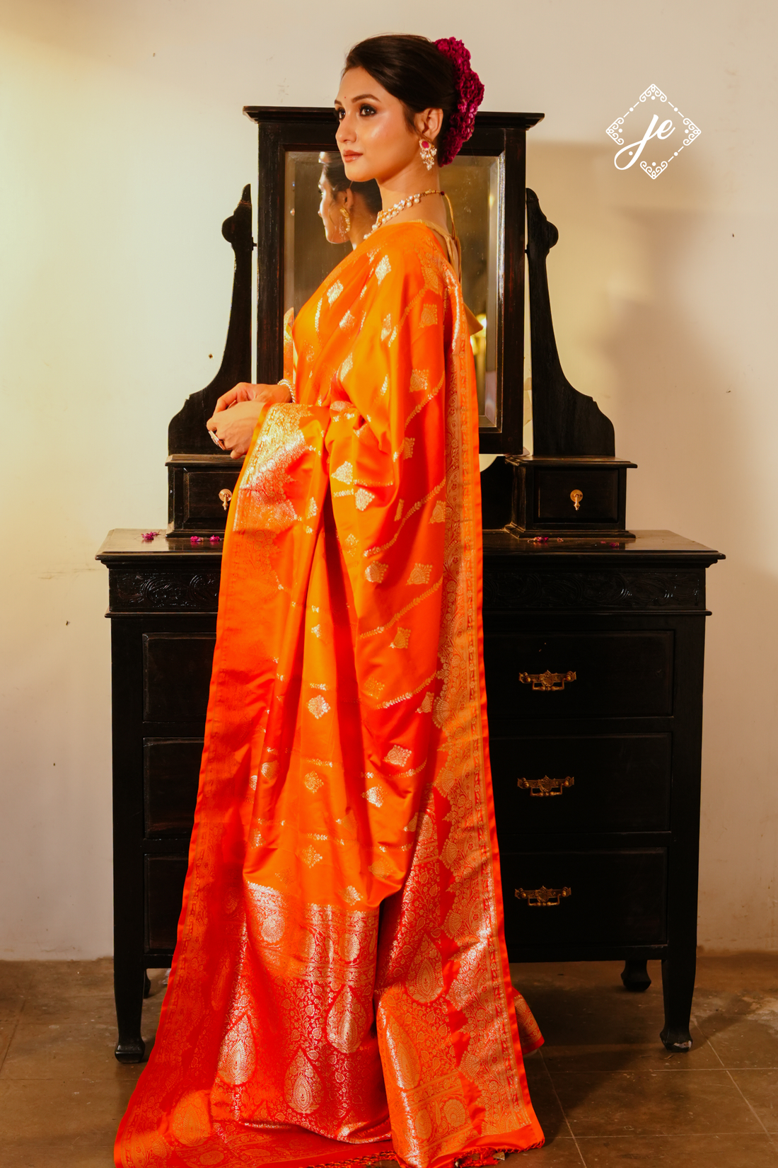Orange Satin Silk Rangkaat Banarasi Saree