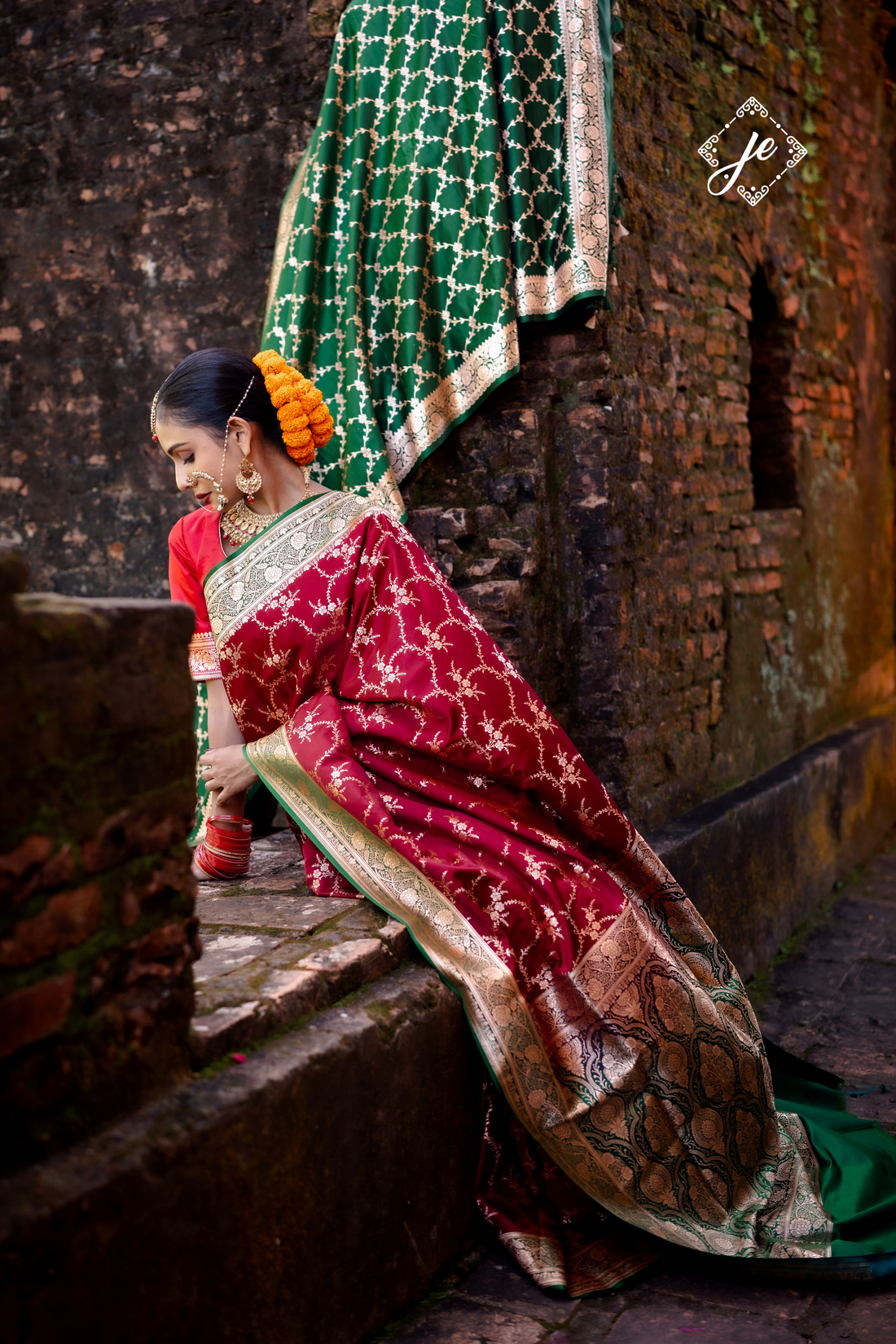 Red Satin Silk with Contrast Bottle Green Border Banarasi Saree