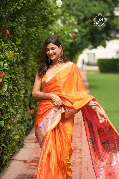 Orange Satin Silk Paithani Banarasi Saree