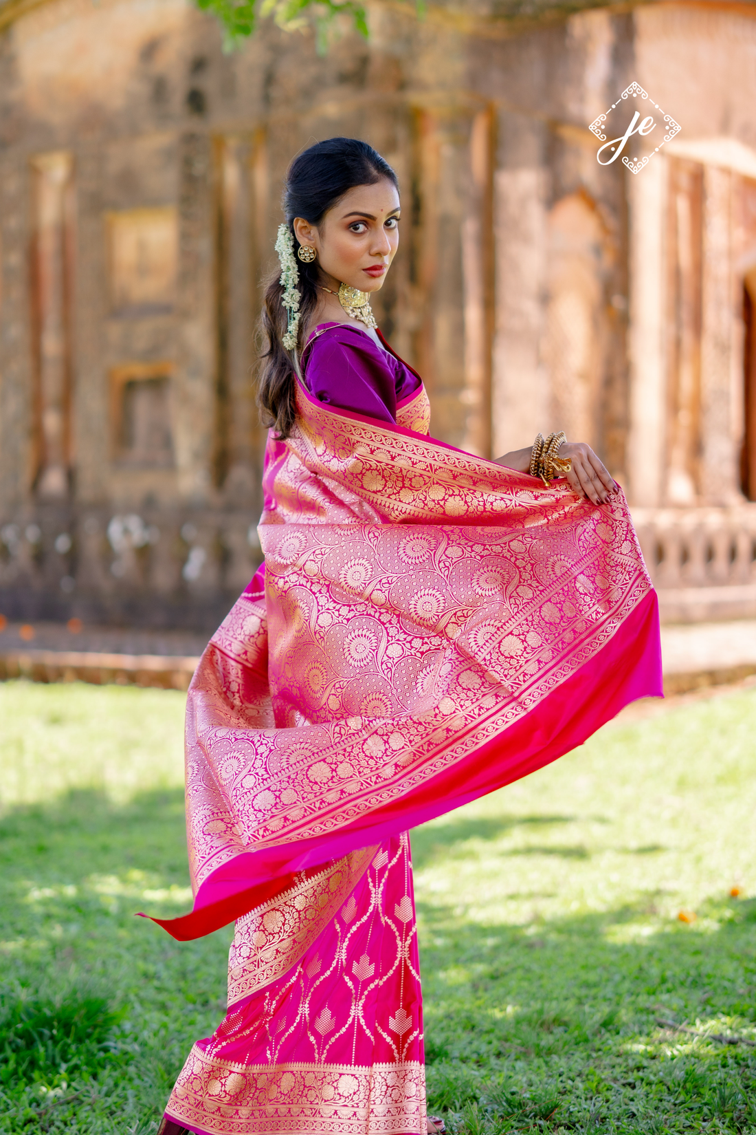 Rani Pink Satin Silk Jaal Striped Banarasi Saree