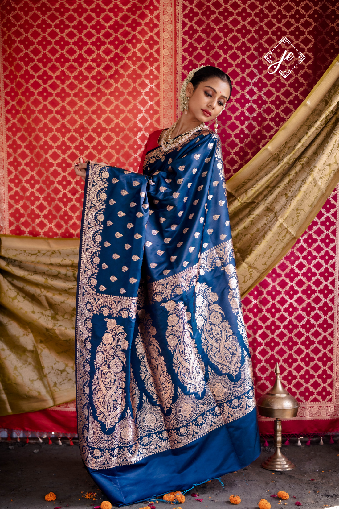 German Blue Scallop Border Satin Silk Buti Banarasi Saree