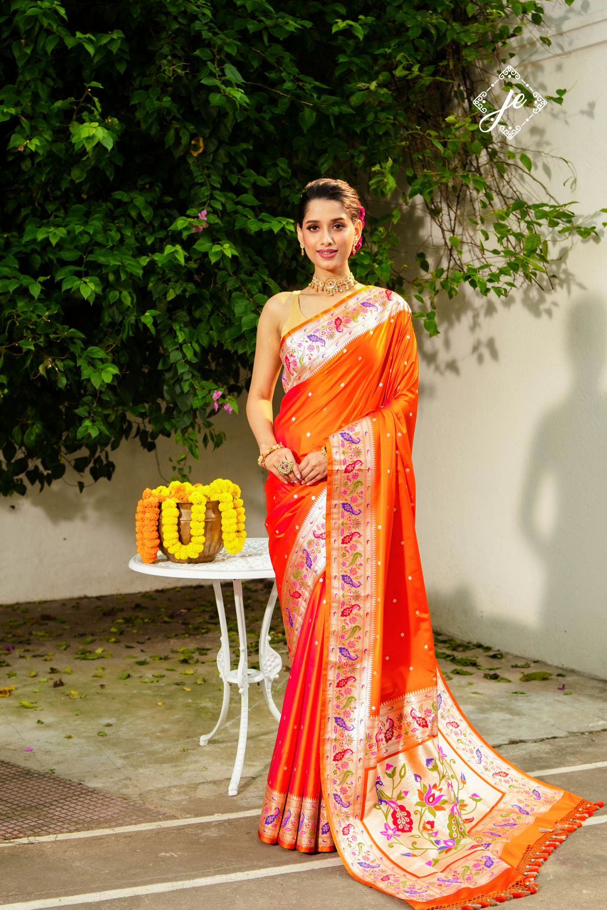 Orange Satin Silk Paithani Banarasi Saree